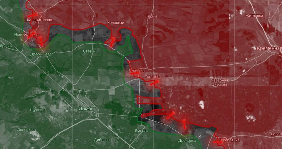 «На Лиманском направлении ВС РФ продвигаются в районе населенного пункта Дерилово (Минобороны России заявляет о его захвате) и охватывают н.п. Шандриголово с флангов