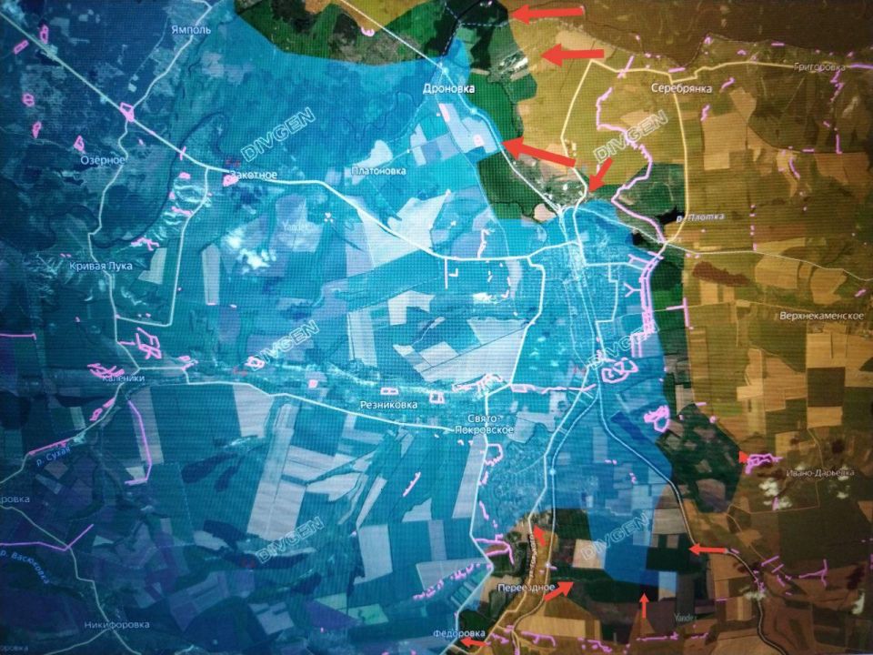 Юрий Котенок: Северское направление. Подразделения ГрВ "Юг" и "Запад" атакуют в направлении Дроновки вдоль южного берега р. Северский Донец, в карьере и севернее в лесу, продвигаясь к Дроновке
