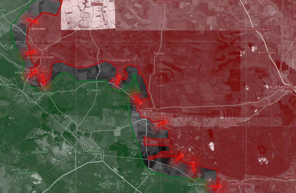 «На Лиманском направлении российские войска оттесняют ВСУ к южным окраинам населенного пункта Шандриголово, а также атакуют в сторону Дерилово
