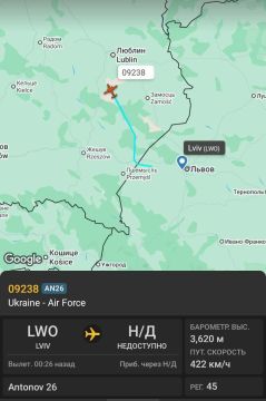 Сегодня утром военно-транспортный самолёт Ан-26 ВC ВСУ бортовой номер 45 синий, позывной 09238 из состава 456 бригады транспортной авиации ТрА (аэродром Винница) около 09:30 вылетел из Львова по маршруту на северо-запад...